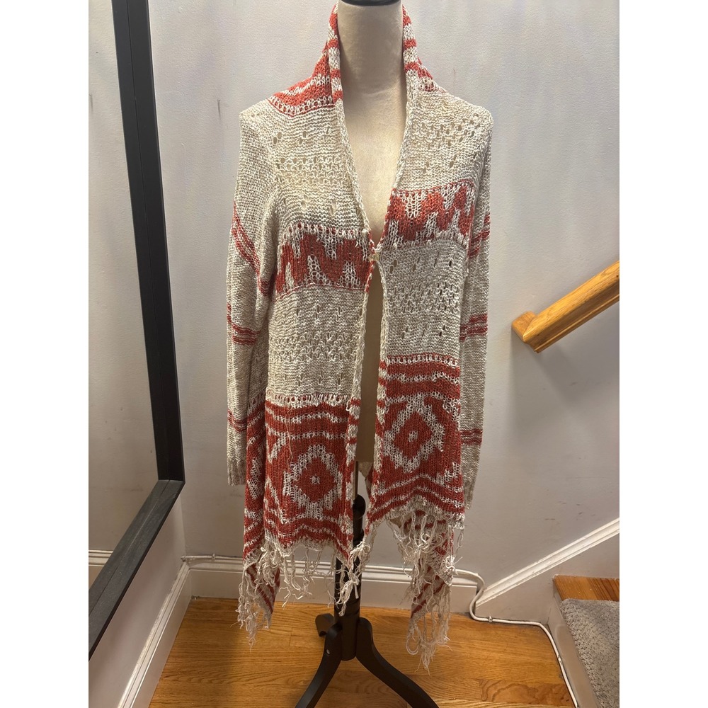 Torrid Womens Plus Size 2 Orange Cream Tribal Geometric Fringe Open Cardigan 2X